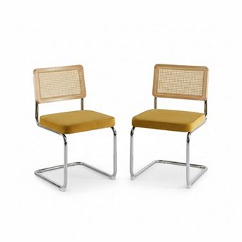 Modern Dining Chairs Set of 2, Velvet Accent Chairs with Natural Cane Back & Stainless Chrome Base