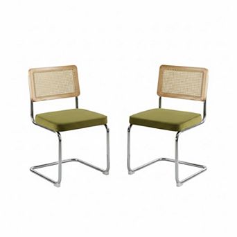Modern Dining Chairs Set of 2, Velvet Accent Chairs with Natural Cane Back & Stainless Chrome Base