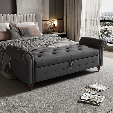 63" Tufted Upholstered Storage Bench with Rolled Arms, Bed Bench for Bedroom