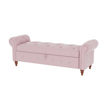 63" Tufted Upholstered Storage Bench with Rolled Arms, Bed Bench for Bedroom