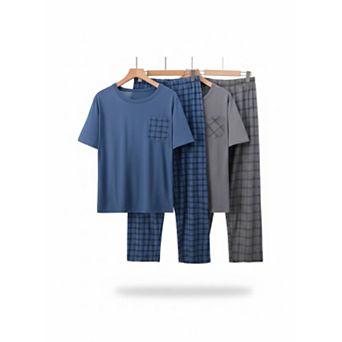 Men's Lightweight Short Sleeve Plaid Pajama 2 Set