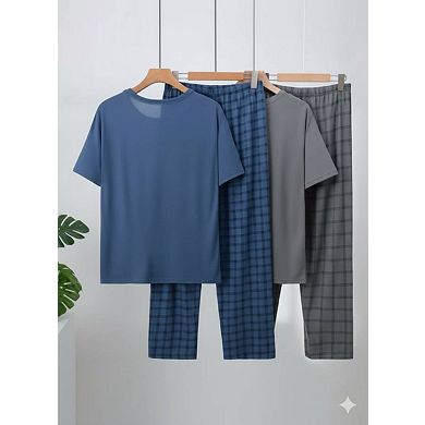 Men's Lightweight Short Sleeve Plaid Pajama 2 Set