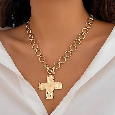 Gold Chunky Cross Pendant Necklace with Vintage Toggle Clasp