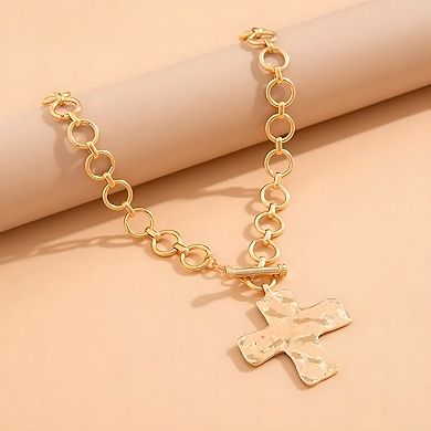 Gold Chunky Cross Pendant Necklace with Vintage Toggle Clasp