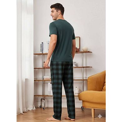 Men's Solid Color Short Sleeve Top & Checkered Pants