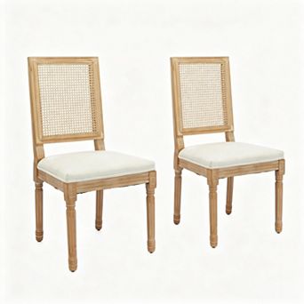 Aoolive French Style Dining Chairs Set of 2, Solid Wood Kitchen Chairs with Square Rattan Backrest