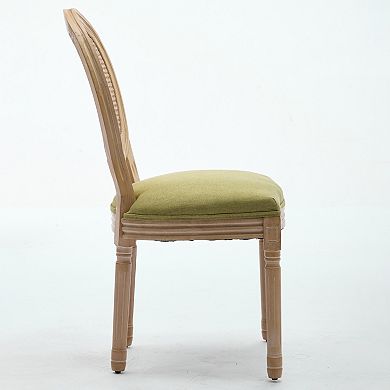 Aoolive French Style Solid Wood Dining Chair Set of 2, Linen Armless Chairs with Oval Rattan Back