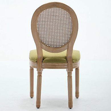 Aoolive French Style Solid Wood Dining Chair Set of 2, Linen Armless Chairs with Oval Rattan Back