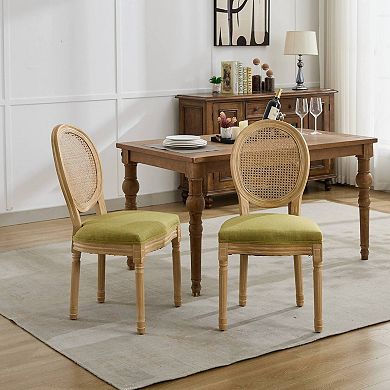 Aoolive French Style Solid Wood Dining Chair Set of 2, Linen Armless Chairs with Oval Rattan Back