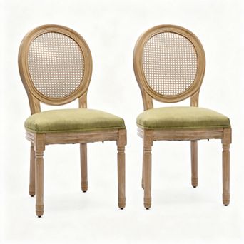Aoolive French Style Solid Wood Dining Chair Set of 2, Linen Armless Chairs with Oval Rattan Back