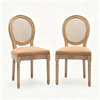 Aoolive French Style Solid Wood Dining Chair Set of 2, Linen Armless Chairs with Oval Rattan Back