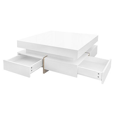 31.5" Modern High Gloss Square Coffee Table with 4 Drawers