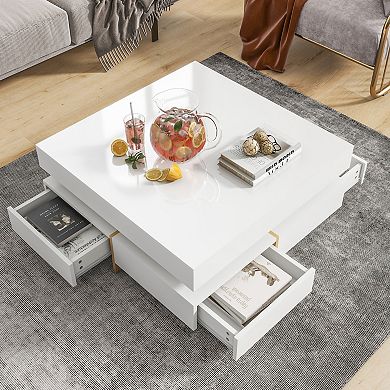 31.5" Modern High Gloss Square Coffee Table with 4 Drawers