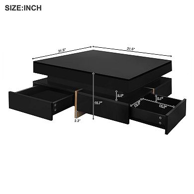 31.5" Modern High Gloss Square Coffee Table with 4 Drawers