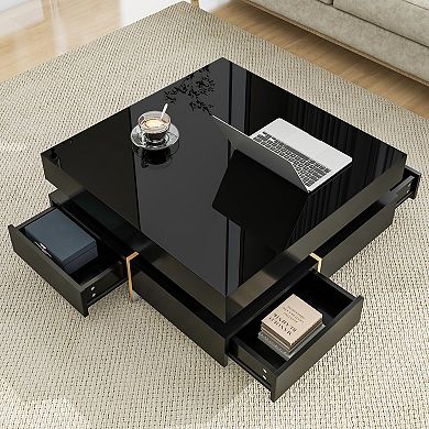 31.5" Modern High Gloss Square Coffee Table with 4 Drawers