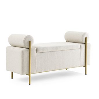 Elegant Upholstered Linen Storage Bench with Cylindrical Arms and Iron Legs