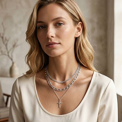 14K Silver Layered Stackable Cross Pendant Set