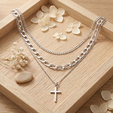 14K Silver Layered Stackable Cross Pendant Set