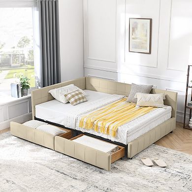 Merax MidCentury Velvet Full Size Daybed Wood Frame with Double Storage Drawers