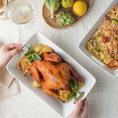 2-Pack White Ceramic Serving Bowls with Handles for Entertaining: 1.5 Qt Rectangular Platter