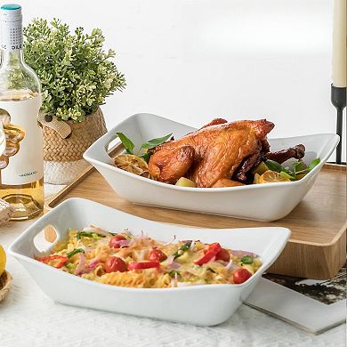 2-Pack White Ceramic Serving Bowls with Handles for Entertaining: 1.5 Qt Rectangular Platter