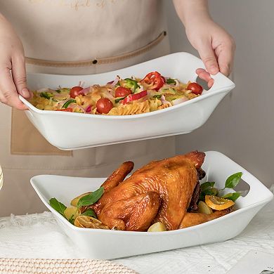 2-Pack White Ceramic Serving Bowls with Handles for Entertaining: 1.5 Qt Rectangular Platter