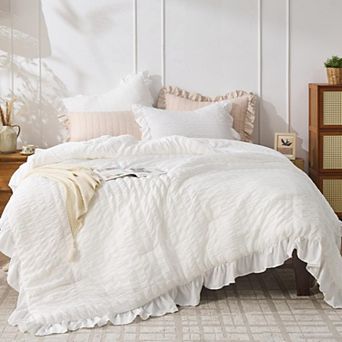White Seersucker 3 pc Queen Comforter Set: Lightweight, Breathable, 1 Ruffle, 2 Pillow Shams
