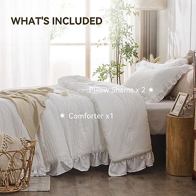 White Seersucker 3-Piece Queen Comforter Set: Lightweight, Breathable, 1 Ruffle, 2 Pillow Shams
