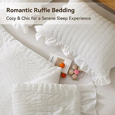 White Seersucker 3-Piece Queen Comforter Set: Lightweight, Breathable, 1 Ruffle, 2 Pillow Shams