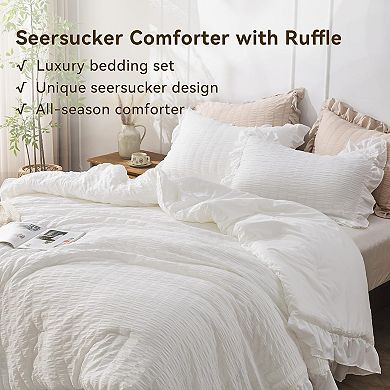 White Seersucker 3-Piece Queen Comforter Set: Lightweight, Breathable, 1 Ruffle, 2 Pillow Shams