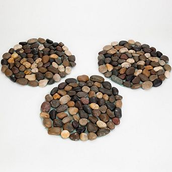 Set of 3 12" Non-Slip Riverstone Round Stepping Stones for Garden Decor