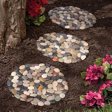 Set of 3 12" Non-Slip Riverstone Round Stepping Stones for Garden Decor