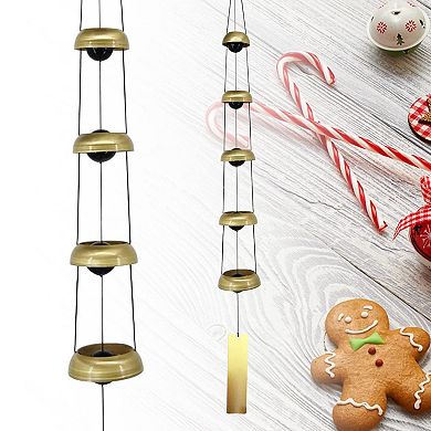 Copper 5-Bell Red Temple Wind Chime with Sacred Medallion for Garden Decor