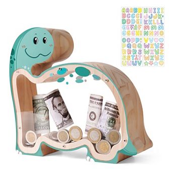 Wooden Brachiosaurus Piggy Bank: DIY Dinosaur Money Box with Stickers for Kids