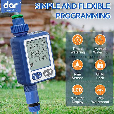 Programmable Irrigation Timer with Timed Watering, Rain Sensor, Child Lock, LCD Display, Waterproof