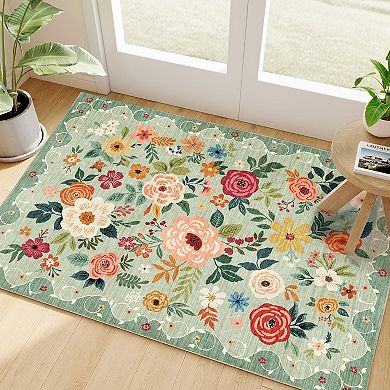 Great Ambitions Floral Boho Entryway Mat: Washable, Non-Slip, Low-Pile Rug for Bedroom/Kitchen