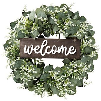 16" Artificial Eucalyptus Wreath with Welcome Sign: Perfect for Front Door, Wall, Windows, Festivals