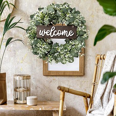 16" Artificial Eucalyptus Wreath with Welcome Sign: Perfect for Front Door, Wall, Windows, Festivals
