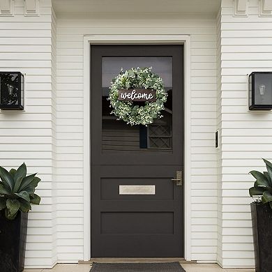 16" Artificial Eucalyptus Wreath with Welcome Sign: Perfect for Front Door, Wall, Windows, Festivals