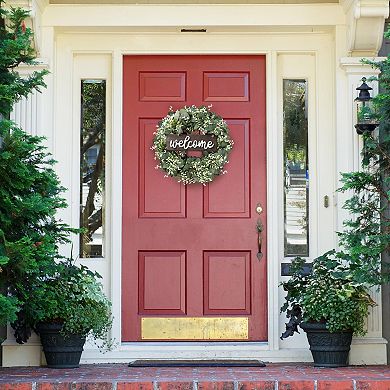 16" Artificial Eucalyptus Wreath with Welcome Sign: Perfect for Front Door, Wall, Windows, Festivals