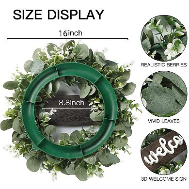 16" Artificial Eucalyptus Wreath with Welcome Sign: Perfect for Front Door, Wall, Windows, Festivals