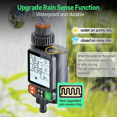 Programmable Irrigation Timer with Timed Watering, Rain Sensor, Screen Lock, Backlight Screen
