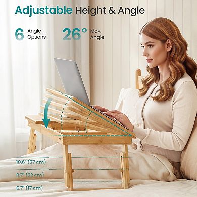 Adjustable Bed Laptop Desk: Tiltable, Portable, 15.6" Laptop Support, 100% bamboo Drawer