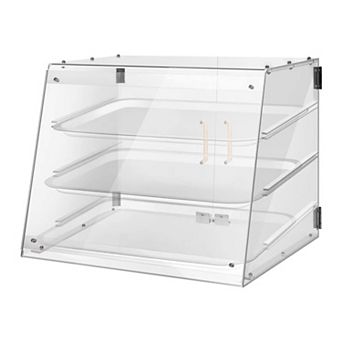 3 tier Clear Bakery Display Case: Slanted Front, Removable Trays, Magnetic Doors, Space-Saving