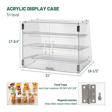 3-Tier Clear Bakery Display Case: Slanted Front, Removable Trays, Magnetic Doors, Space-Saving
