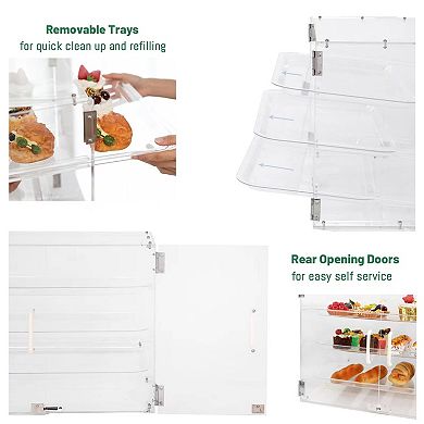 3-Tier Clear Bakery Display Case: Slanted Front, Removable Trays, Magnetic Doors, Space-Saving