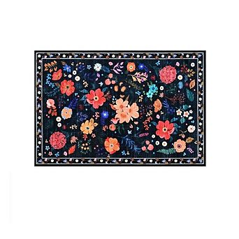 Great Ambitions Floral Black Boho Washable Rug, Soft Low Pile, Non-Slip Vintage