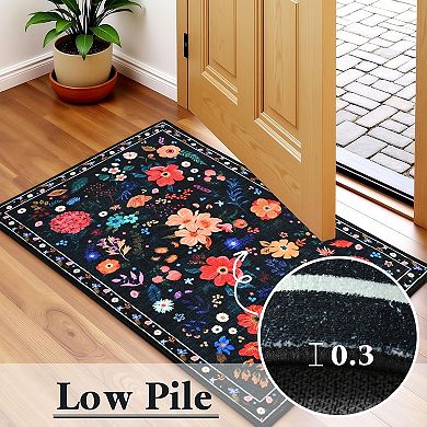 Great Ambitions Floral Black Boho Washable Rug, Soft Low Pile, Non-Slip Vintage