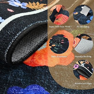 Great Ambitions Floral Black Boho Washable Rug, Soft Low Pile, Non-Slip Vintage