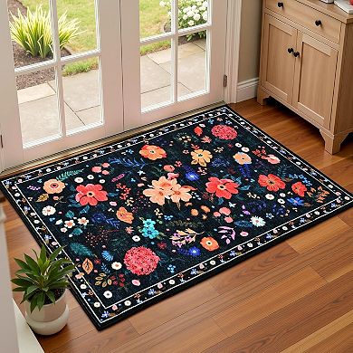 Great Ambitions Floral Black Boho Washable Rug, Soft Low Pile, Non-Slip Vintage